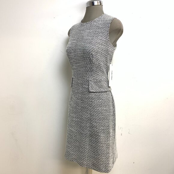 New! Calvin Klein Sleeveless Crew Neck Tweed Flap Pocket Sheath Dress - Picture 4 of 6